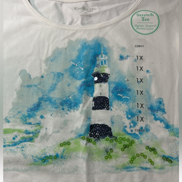 Kim Rogers NWT white lighthouse screen print top with sequin accents. Size 1X - Picture 3 of 5
